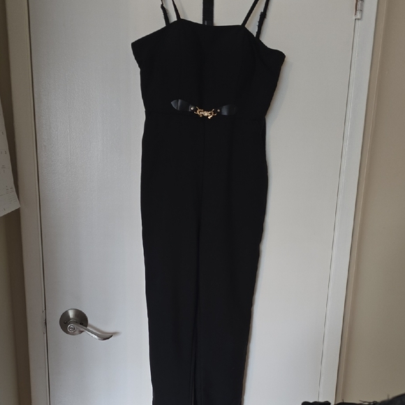 Pants - Elegant Black Jumpsuit with Gold Accent
